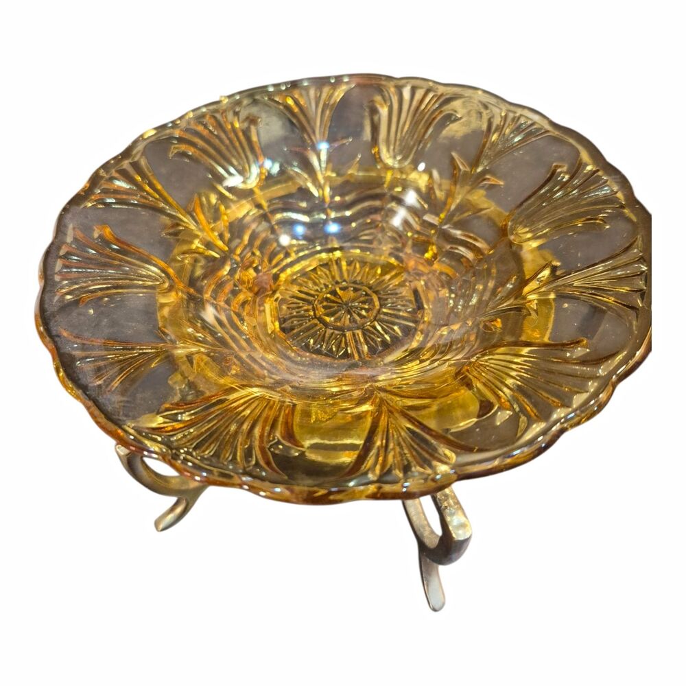 Amber Pressed Glass Floral Decorative Bowl with Ornate Gold Metal Stand